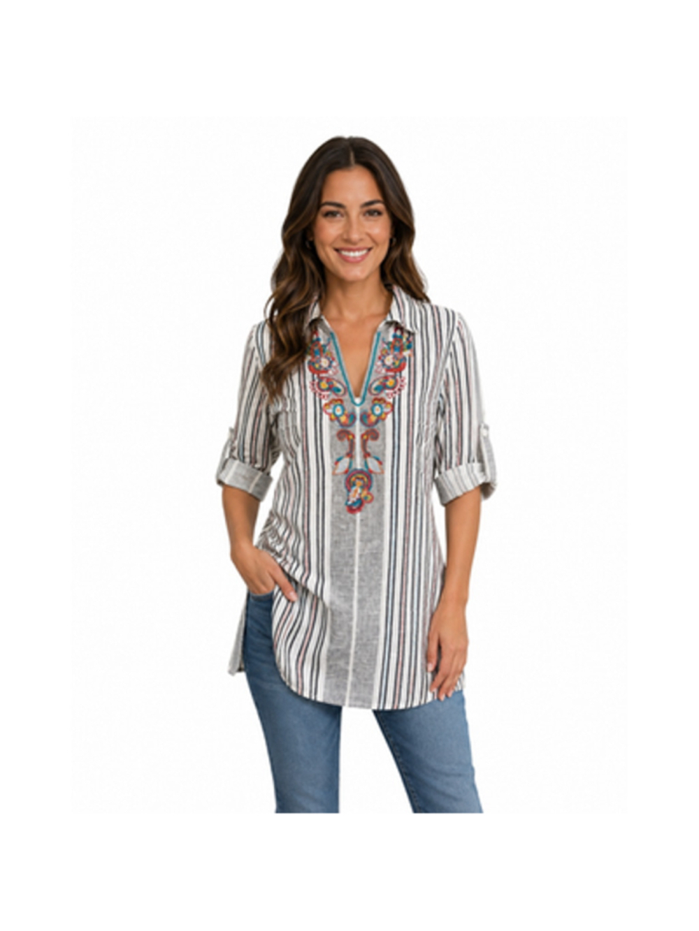 Soft surroundings sz S roll tab sleeve boho embroidered floral pocket tunic EUC